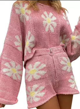 2 Piece Set Women Knitted Suit Long Sleeve Shoulder 2 Piece Jogger Fitness Set  Casual Colorful Flower Knitted Suit Female