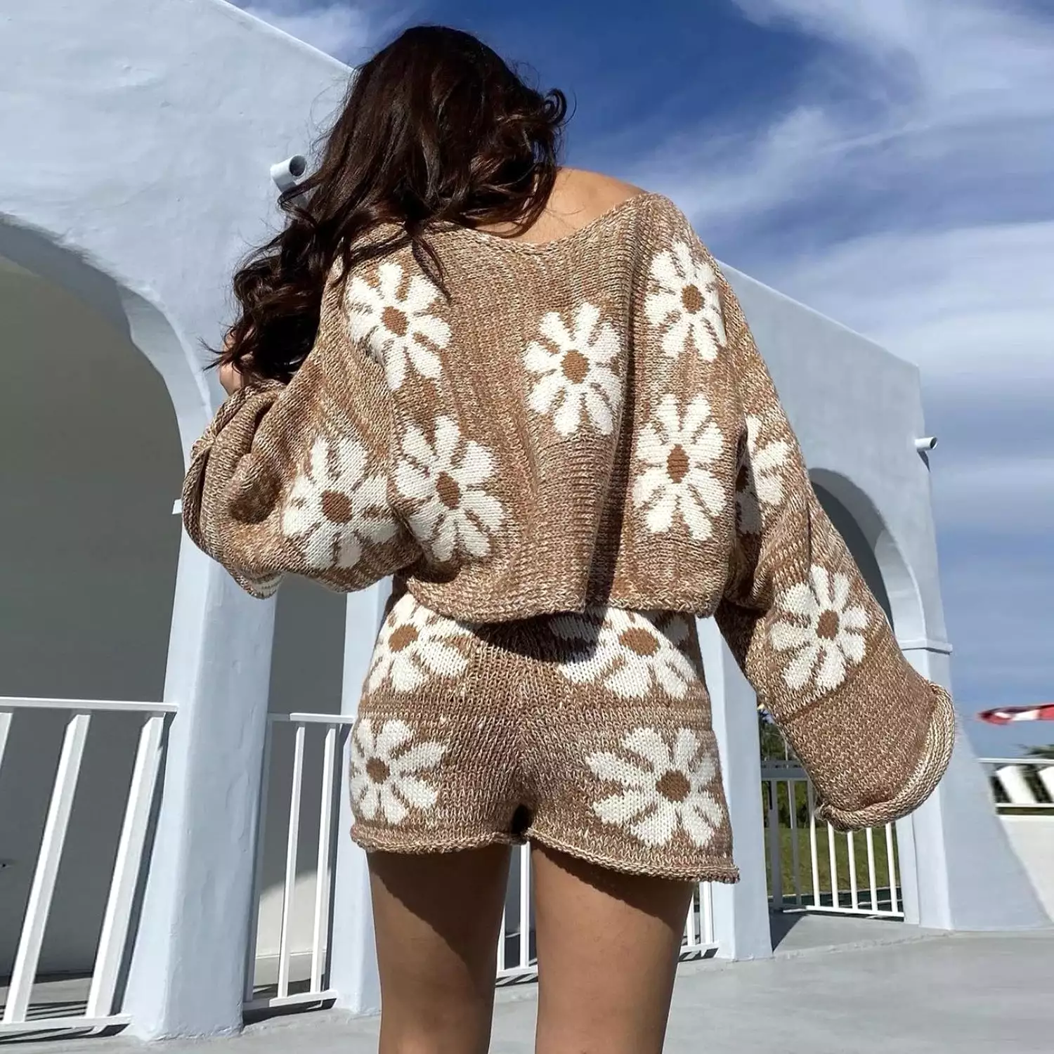 2 Piece Set Women Knitted Suit Long Sleeve Shoulder 2 Piece Jogger Fitness Set  Casual Colorful Flower Knitted Suit Female