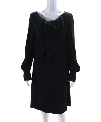 ADEAM Womens Lewitt Long Sleeve Tie Collar Shift Dress Navy