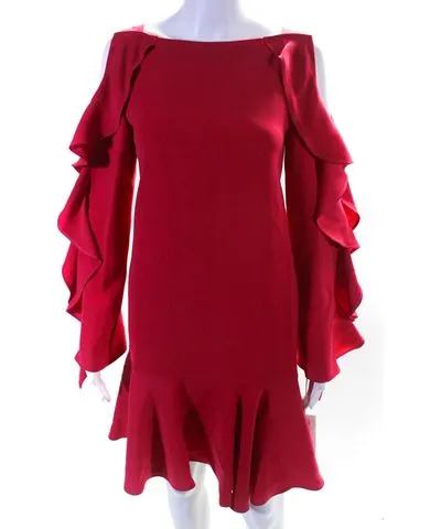 ADEAM Womens Long Sleeve Ruffle Dress Fuchsia