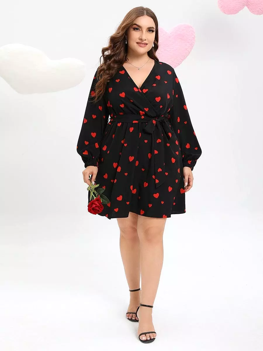 Allover Heart Print Belted Midi Dress