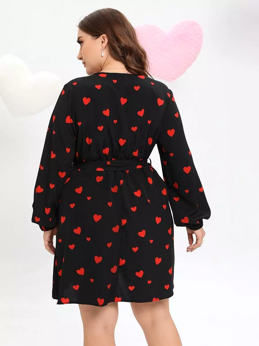 Allover Heart Print Belted Midi Dress