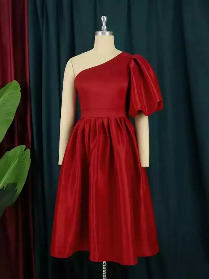 AOMEI Party Dress Women One Shoulder Red Midi Pleated Robes Short Lantern Sleeve Fit and Flare Elastic Summer Gowns S4618226