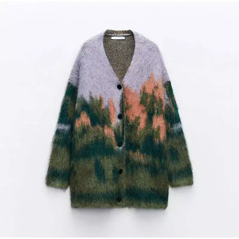 Artistic Paiting Mohair Cardigan For Women Loose Long Sleeve Knitted Cardigans 2023