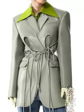 ASHORE SHOP Women's PU Leather Jackets Lapel  Lace Up Waist Long Sleeve Green Blazer