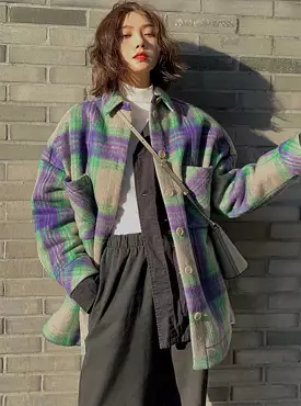 Autumn Winter Loose Casual Colorful Plaid Woolen Shacket Women Drop Shoulder Long Sleeve Luxury Designer Clothes 2022