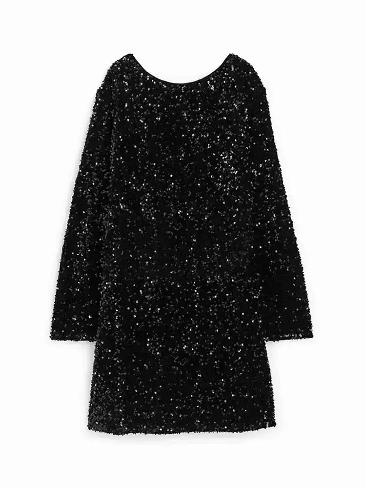 Backless Black Sequin Mini Dress Women Elegant O-neck Long Sleeve Dresses