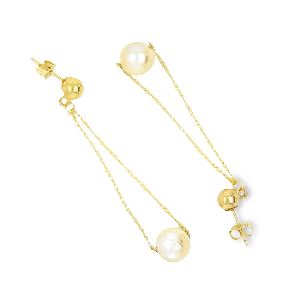 Ball 4mm Post Dangle Earrings with Two 7.5mm Pearl in 14K Yellow Gold