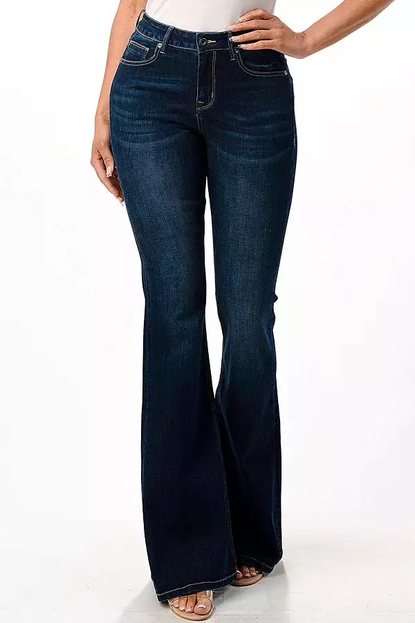 Basic Dark Blue Wash Mid Rise Flare Jeans