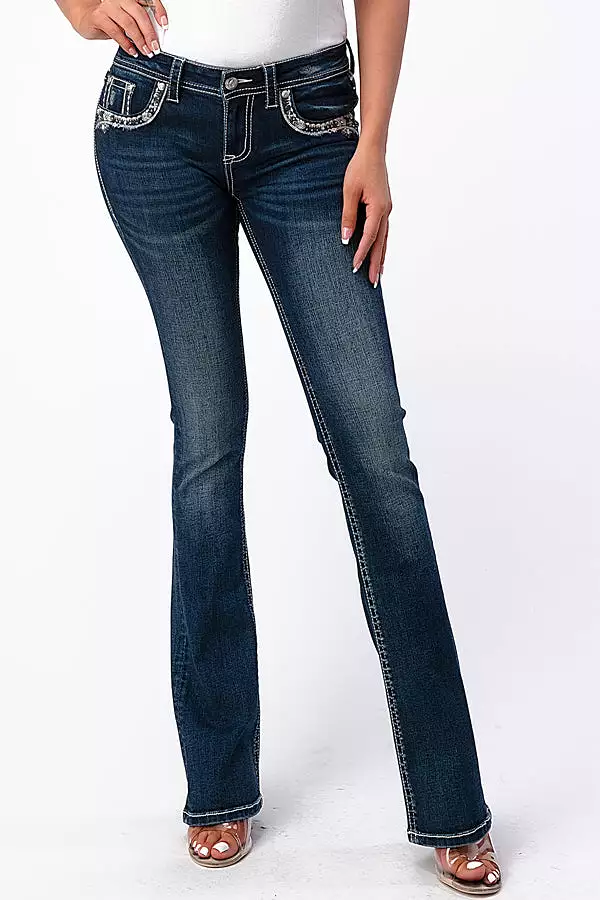 Border Emb Faux Flap  Mid Rise Bootcut Jeans