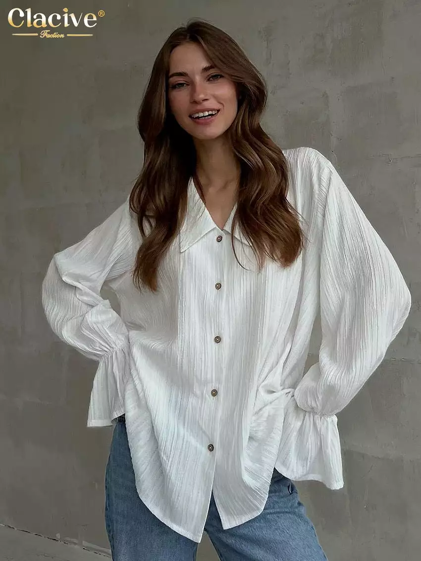 Casual Loose White Shirts For Women 2023 Fashion Lapel Long Sleeve Blouses Elegant Classic Solid Top Female Clothing