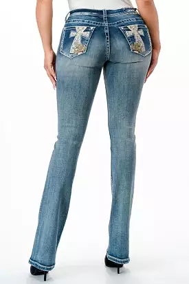 Cross /Cactus Embellished Mid Rise Bootcut Jeans