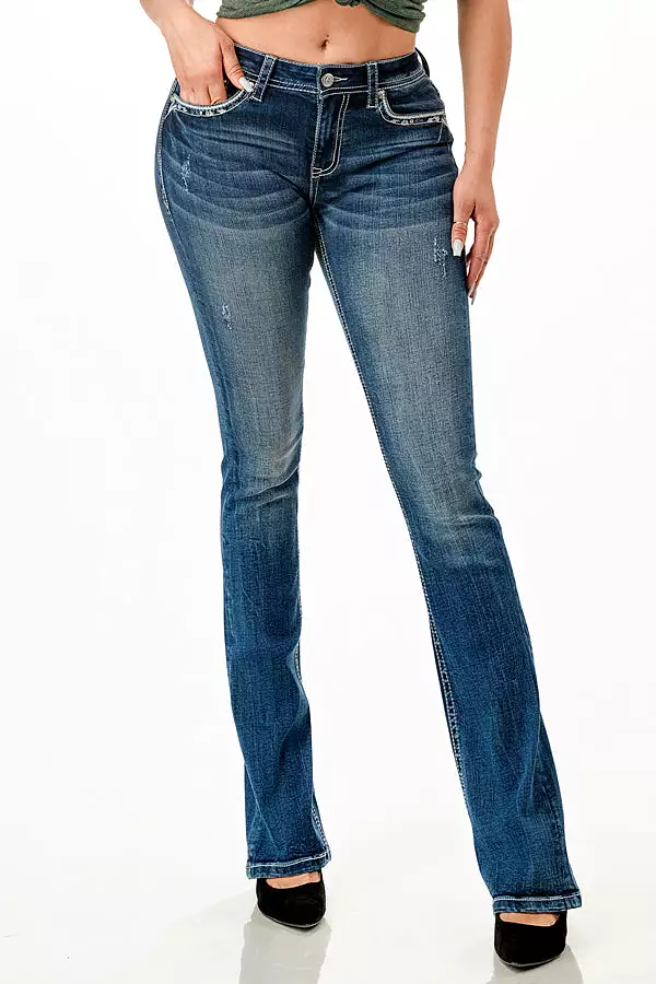 Cross Embellished Mid Rise Bootcut Jeans