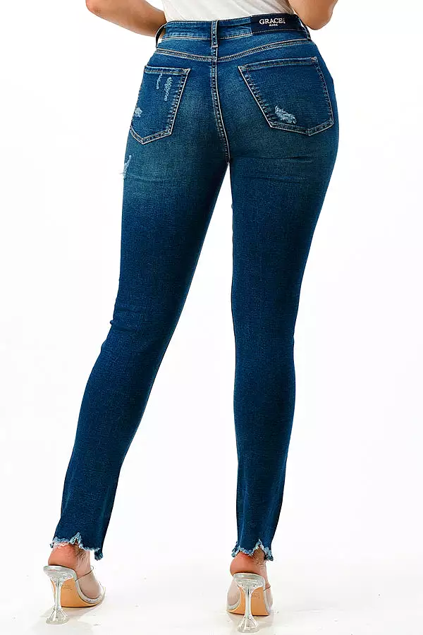 Distressed  Medium Blue  Knit Denim Mid Rise Skinny Jeans