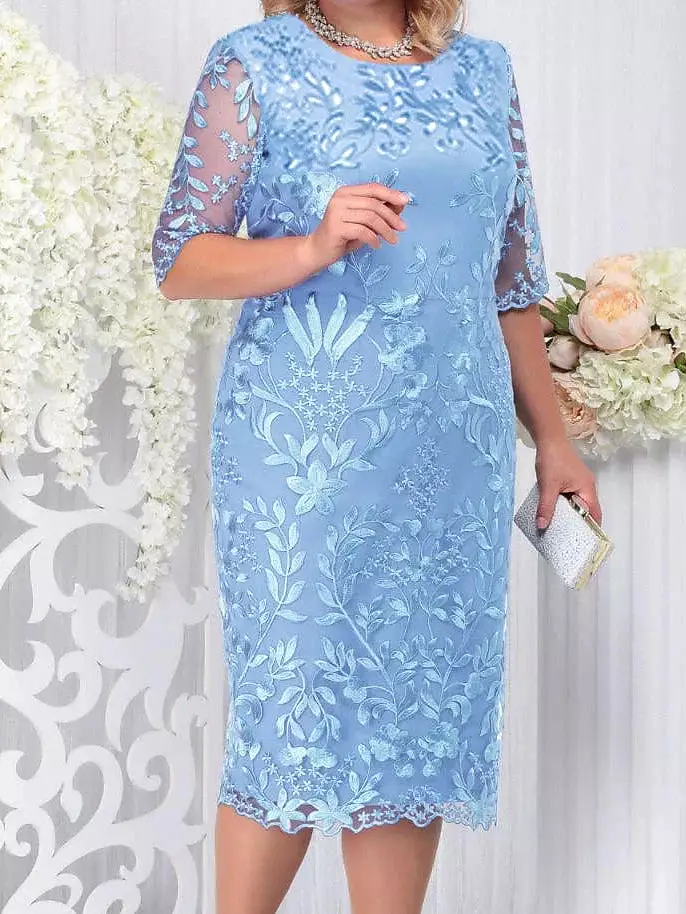 Elegant Floral Lace Plus Size Midi Dress for Women