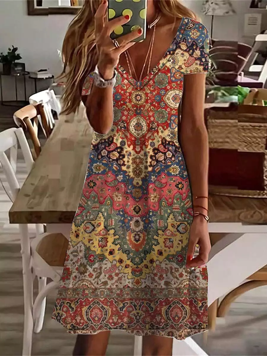 Floral Paisley Print V Neck Mini Dress for Women