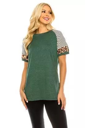 Haute Edition Women's Crew Neck Color Block Leopard Top. Plue Sizes Available