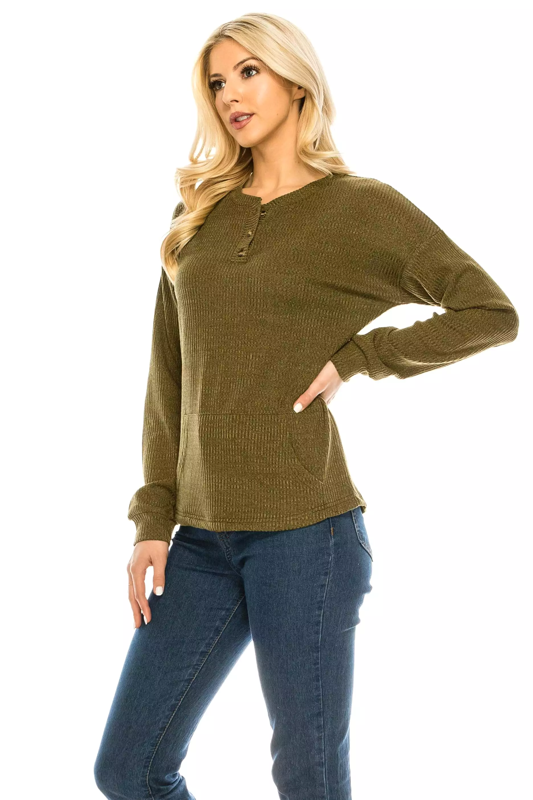 Haute Edition Women's Rib Kit Henley Top with Front Pocket