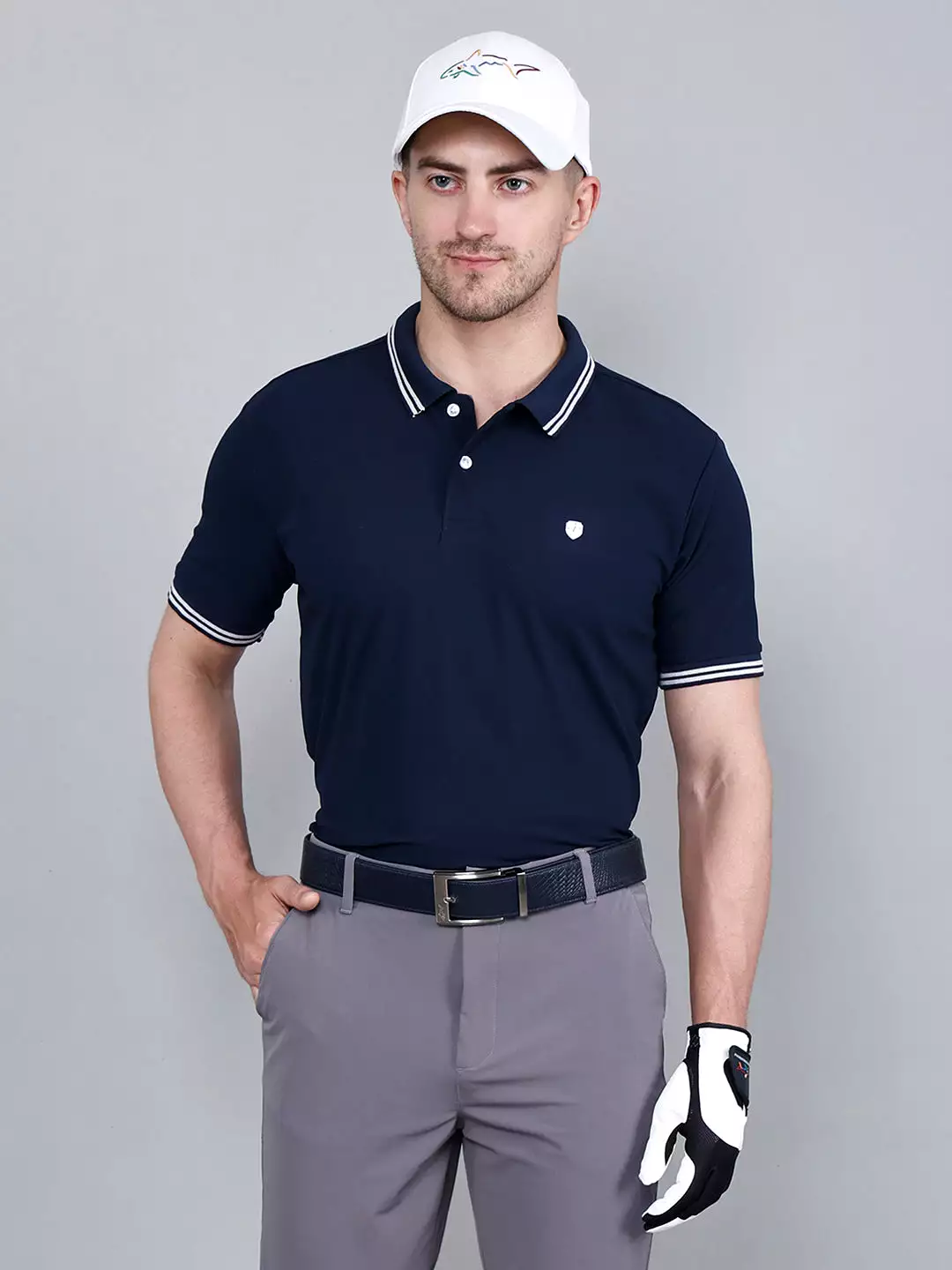 I-GOLF Men's Solid Stretchable Golf Polo T Shirt - Navy