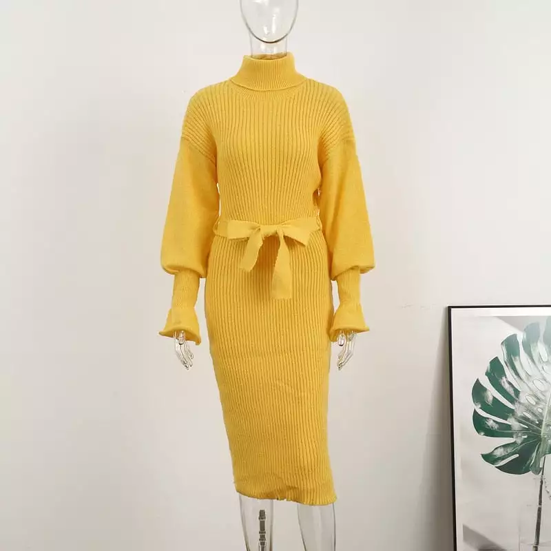 Knit Turtleneck Lantern Sleeve Midi Dress Women 2023 Autumn Winter Green Skinny Hip Package Dresses Female Elegant Belt Vestido