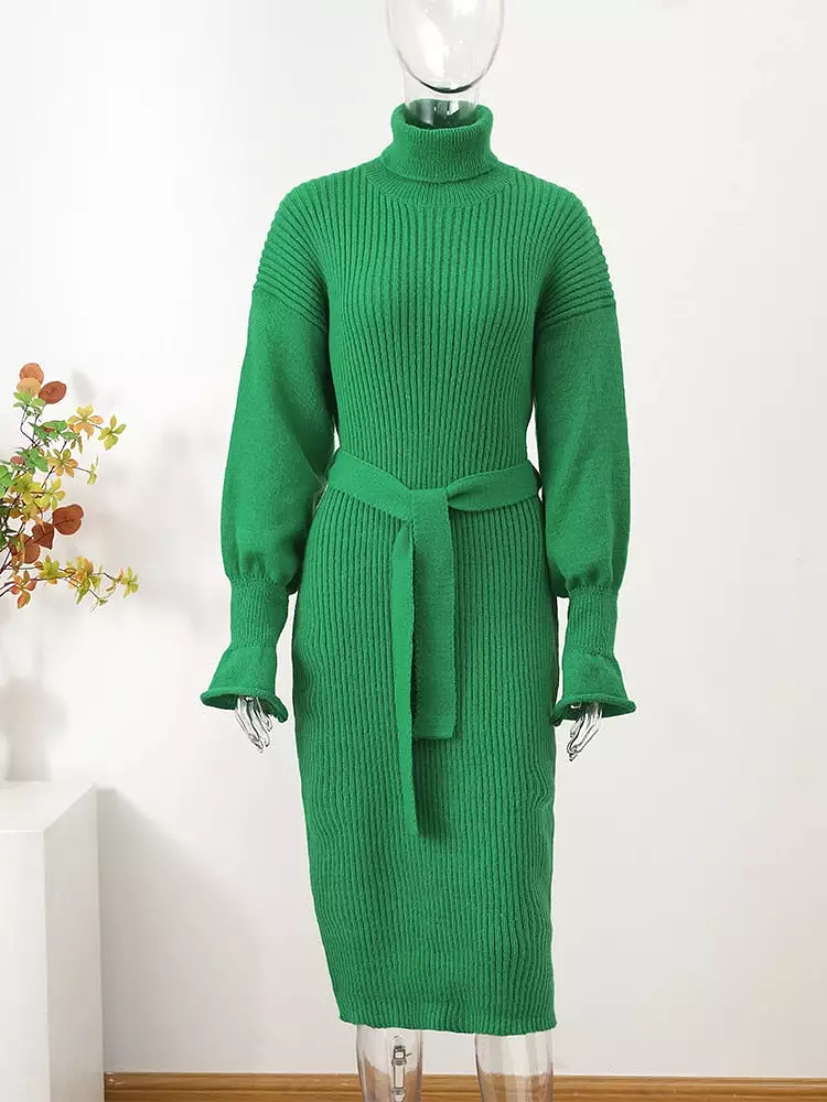 Knit Turtleneck Lantern Sleeve Midi Dress Women 2023 Autumn Winter Green Skinny Hip Package Dresses Female Elegant Belt Vestido