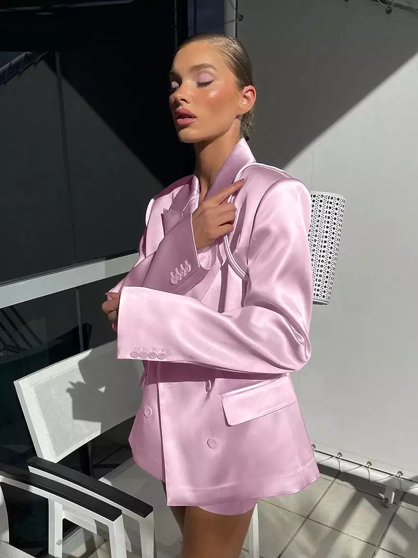 Loose Pink Satin 2 Piece Sets Women Outfit 2024 Elegant Long Sleeve Blazer With Mid Waist Mini Skirts Set Female