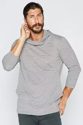 Men's 3/4 Sleeve Cowl Neck Visor Hoodie - Grey & White Stripe