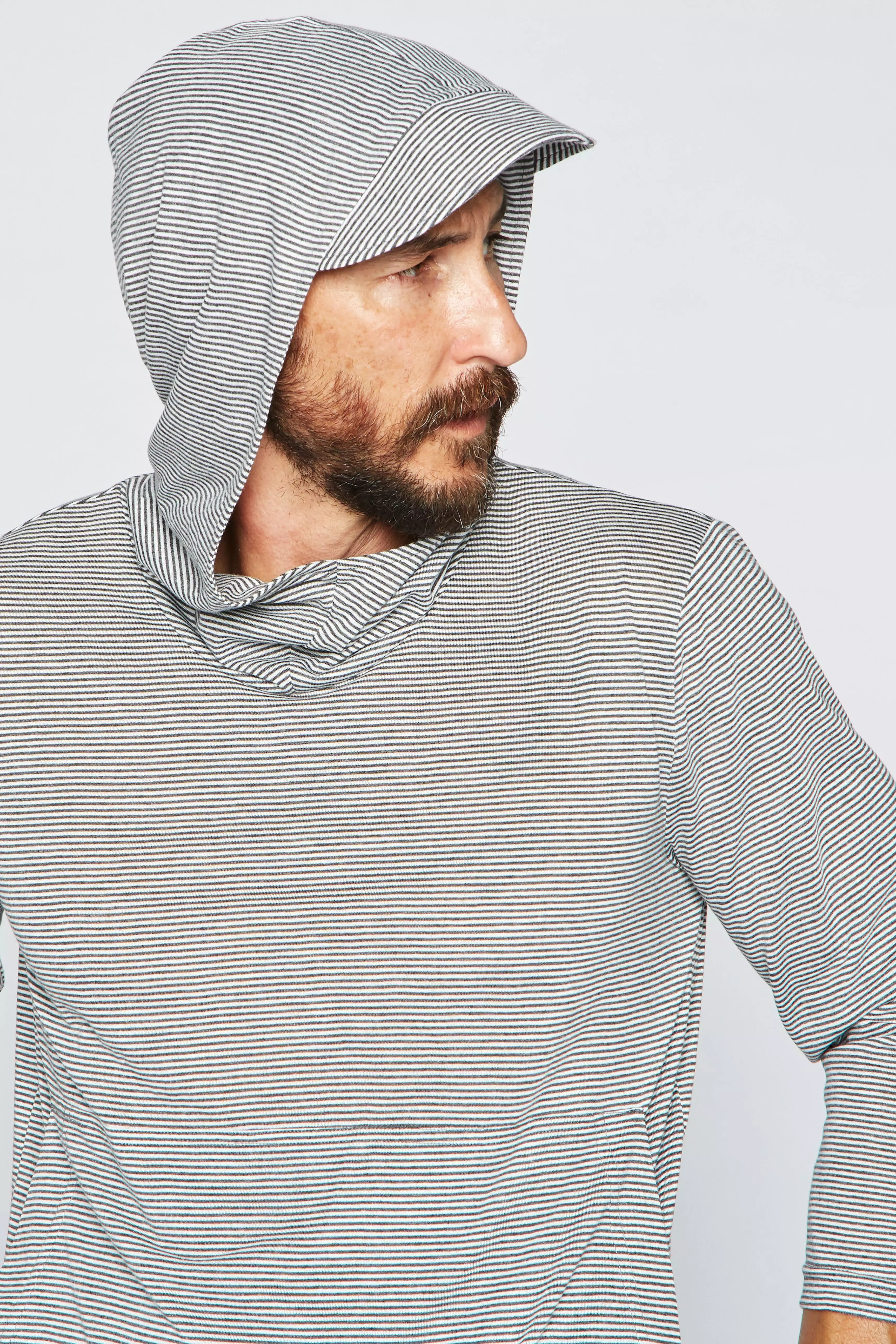 Men's 3/4 Sleeve Cowl Neck Visor Hoodie - Grey & White Stripe