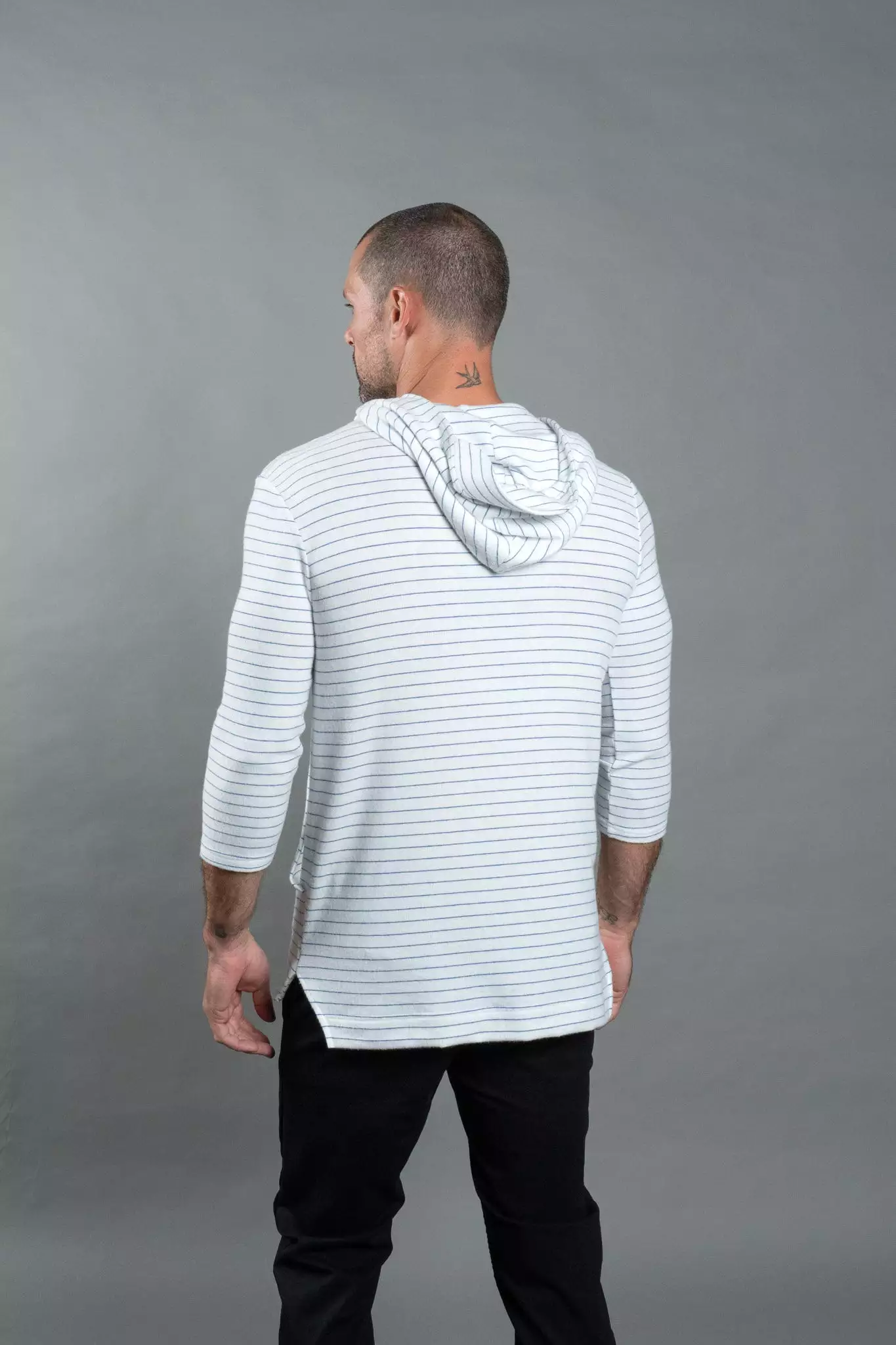 Men's 3/4 Sleeve Cowl Neck Visor Hoodie - White & Navy Thin Stripe