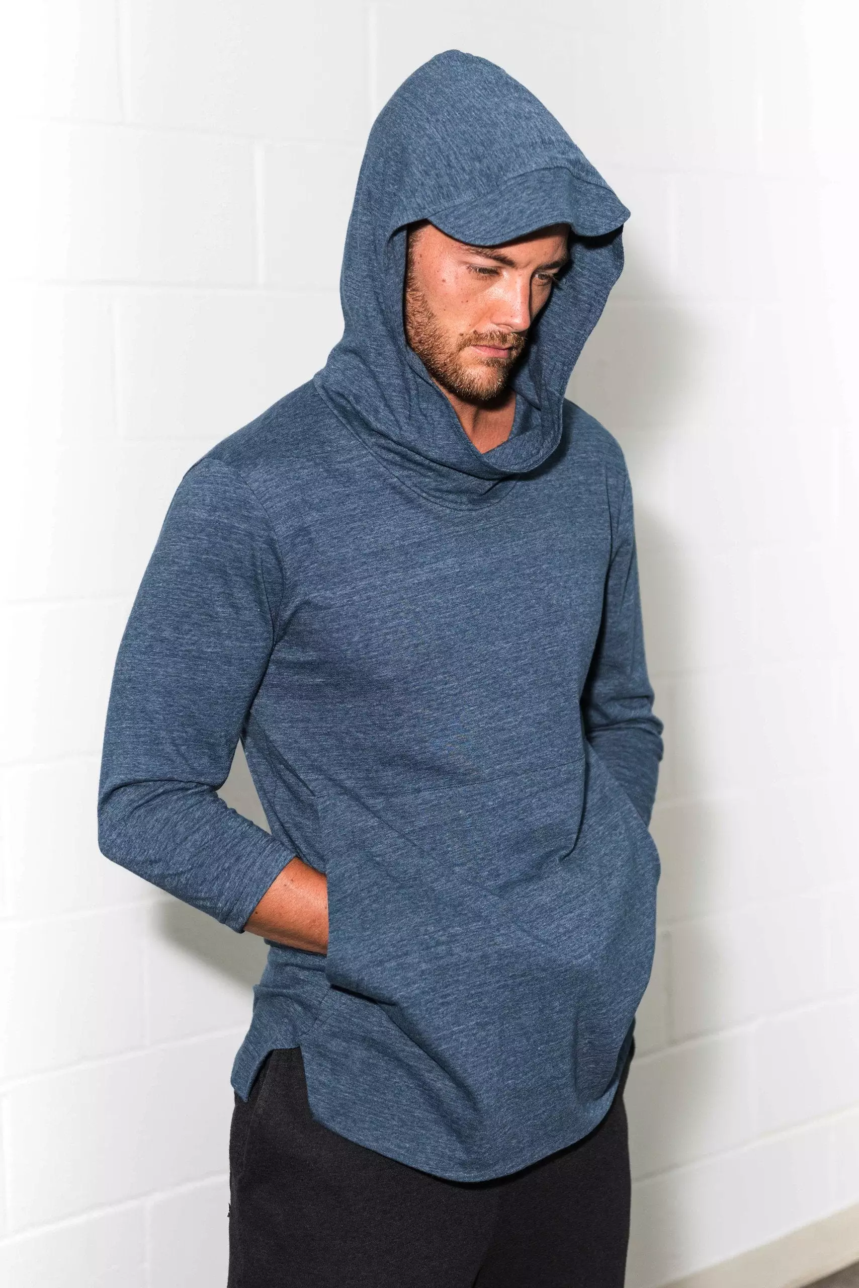 Men's 3/4 Sleeve Cowl Neck Visor Hoodie