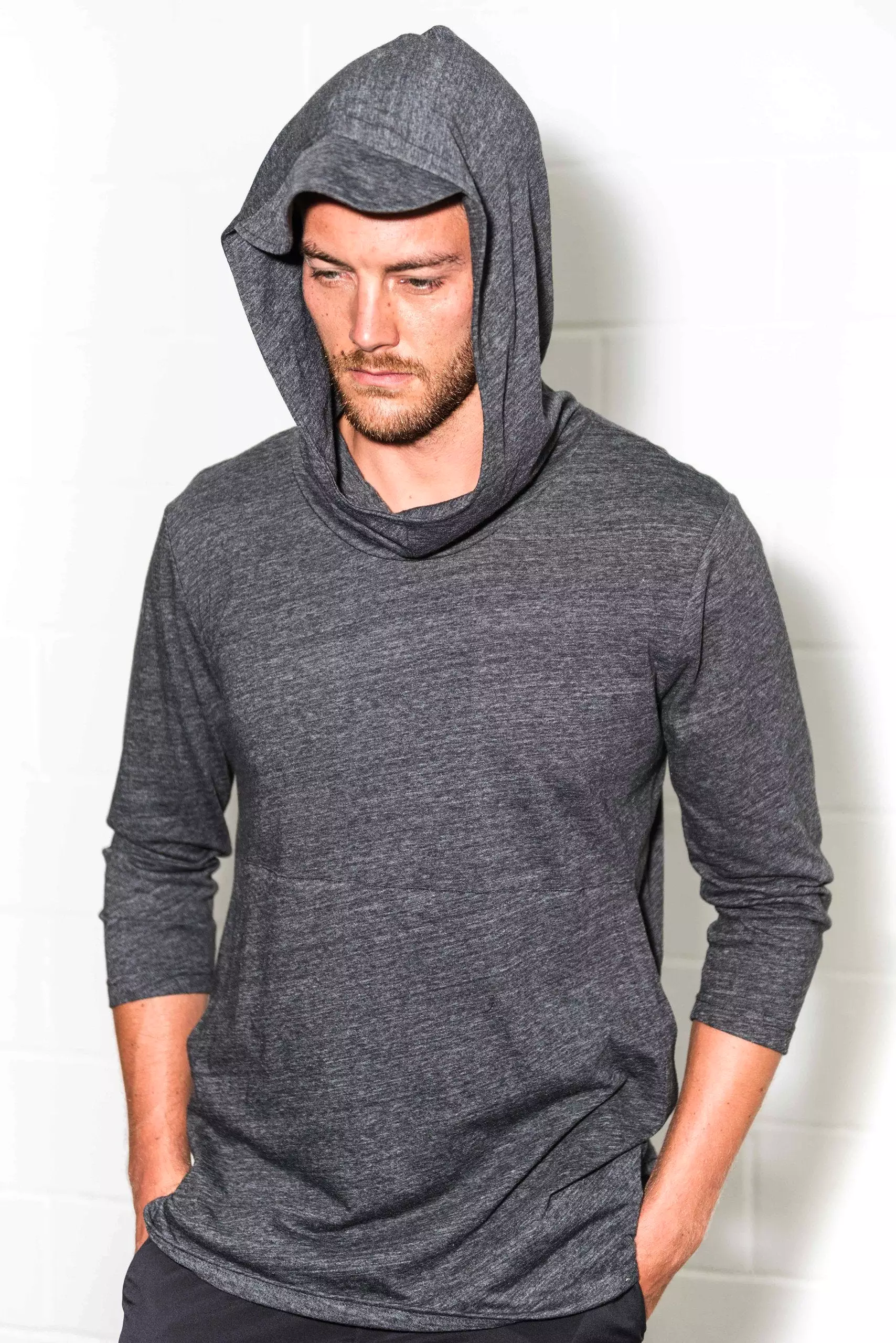 Men's 3/4 Sleeve Cowl Neck Visor Hoodie