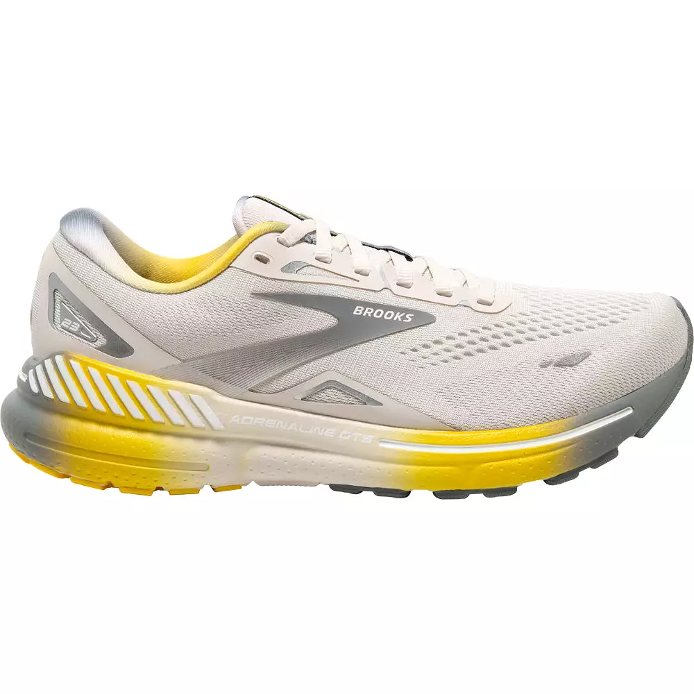 Men's Brooks Adrenaline GTS 23, White Sand/Grey/Cyber Yellow, 8 D Medium