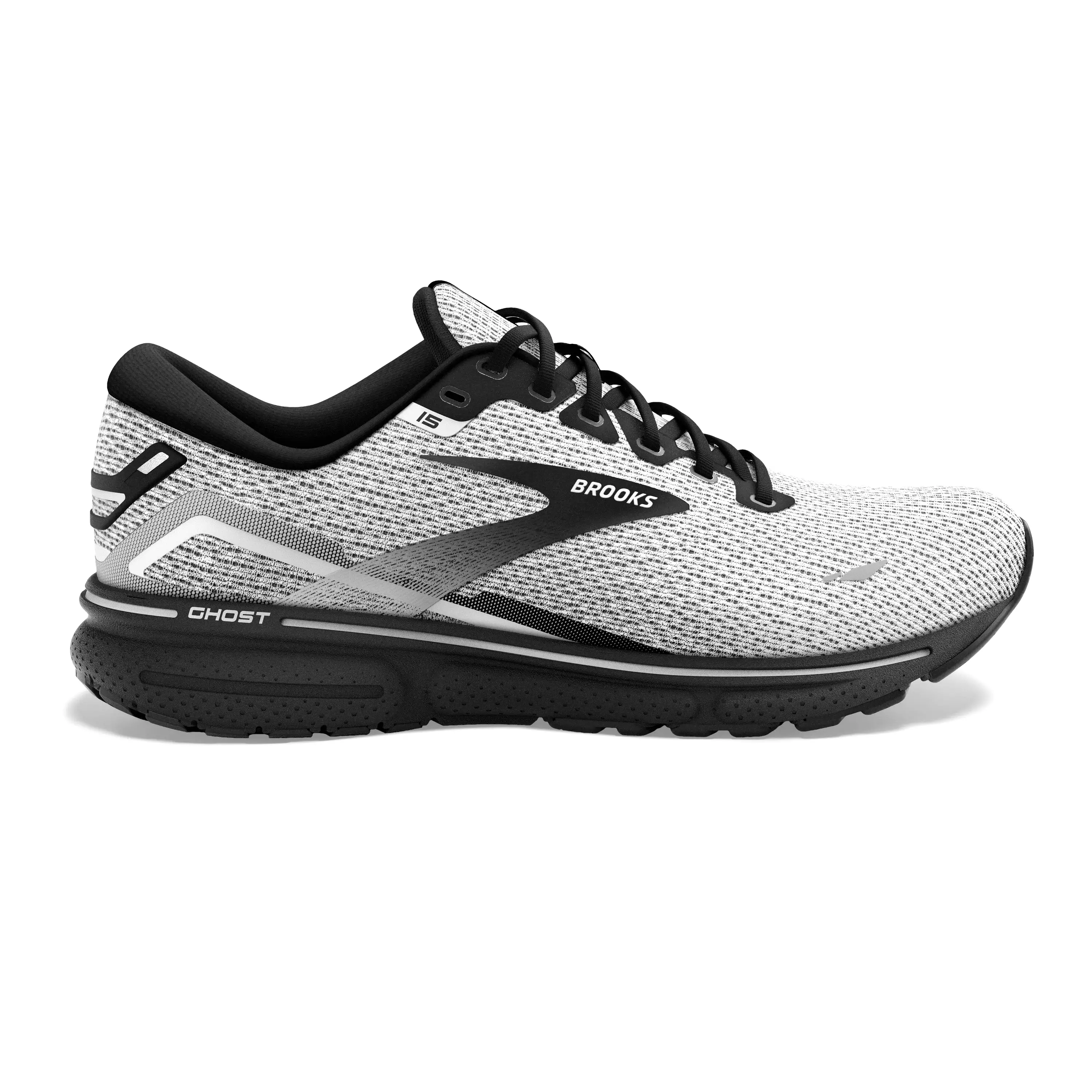 Men's Brooks Ghost 15, White/Black, 7 D Medium