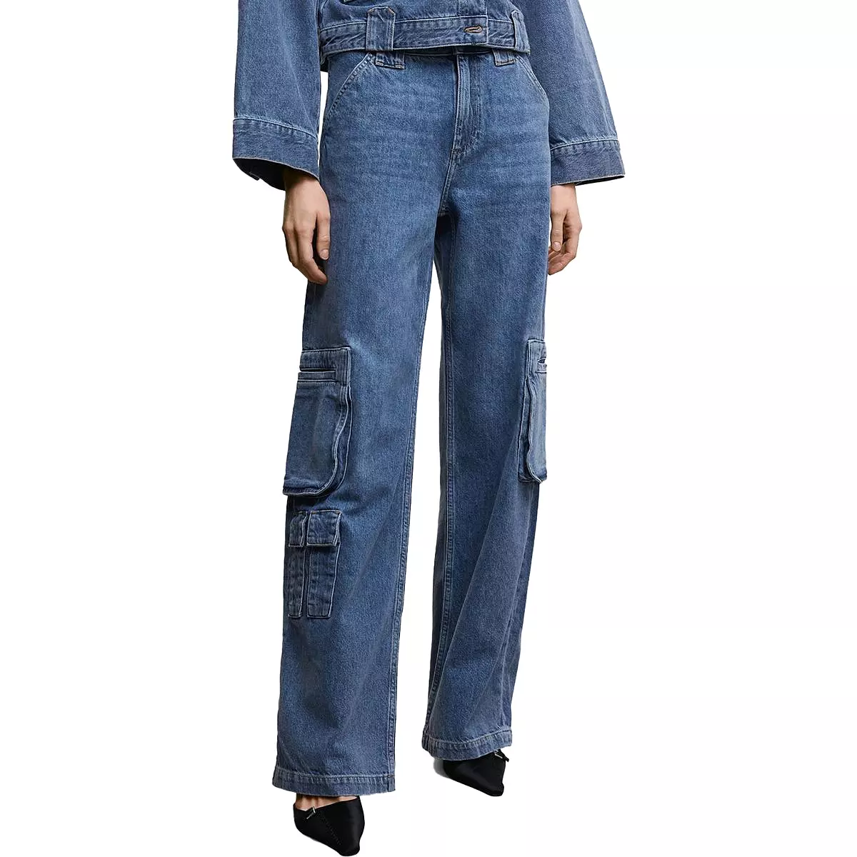 MNG Jeans Womens Mid-Rise Wide Leg Cargo Jeans