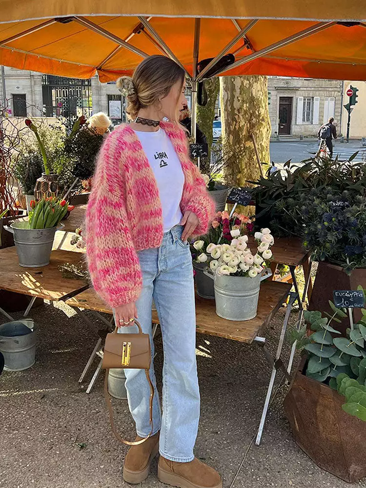 New Pink Striped Autumn Front Open Sweaters Long Lantern Sleeve Loose Crochet Cardigans Women Fashion Vintage Casual Streetwear