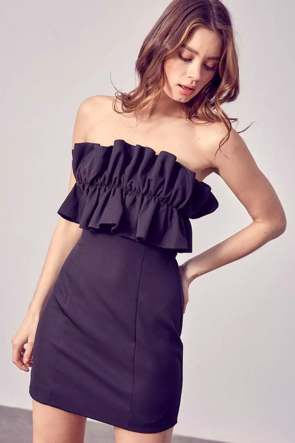 Open Shoulder Ruffle Mini Dress