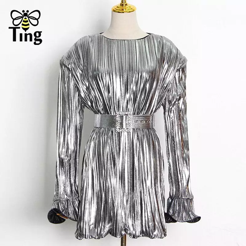 Plain Dress For Women Loose Sashes O-Neck Long Sleeve A Line Mini Short Party Night Dresses Goblincore Golden Clubwear