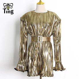 Plain Dress For Women Loose Sashes O-Neck Long Sleeve A Line Mini Short Party Night Dresses Goblincore Golden Clubwear