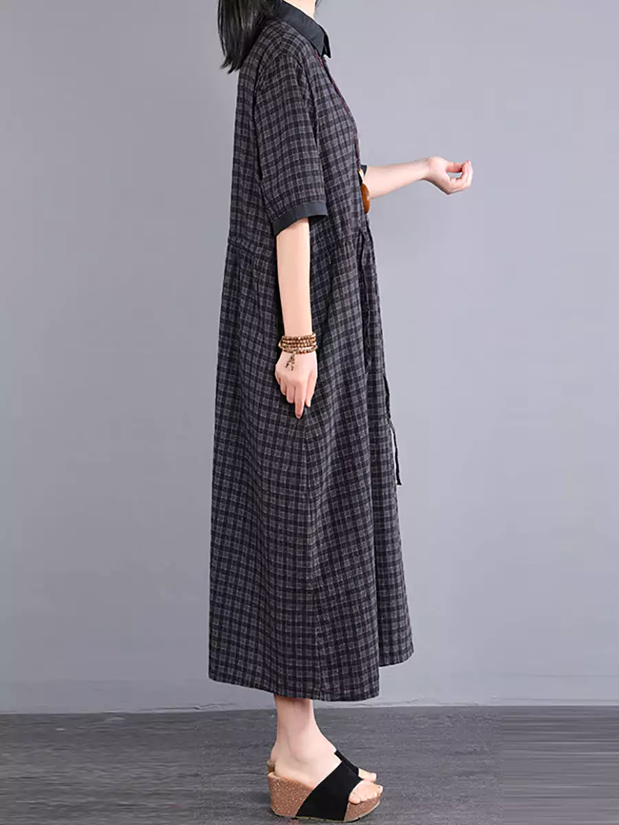 Plus Size Women Artsy Plaid Cotton Linen Dress KL1021