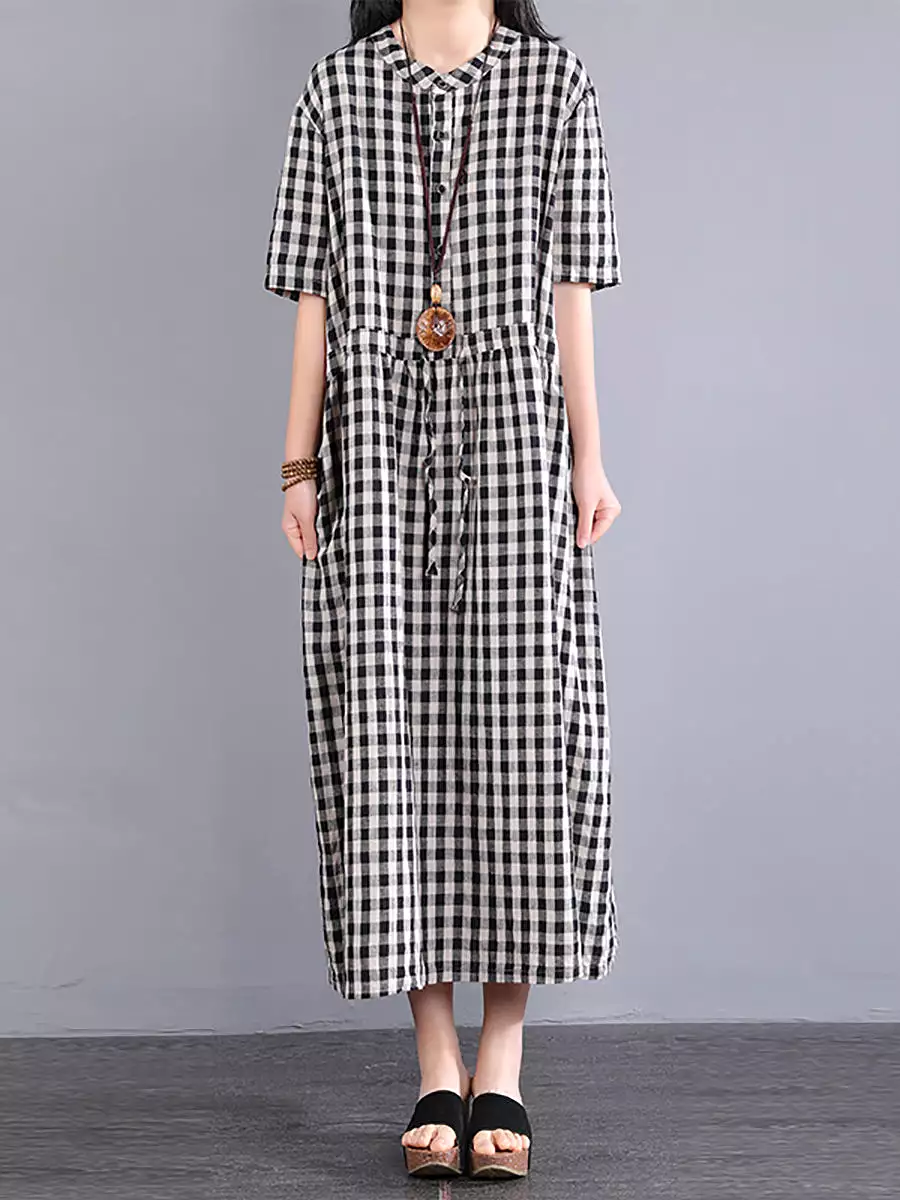 Plus Size Women Casual Plaid Summer Cotton Linen Dress SC1061