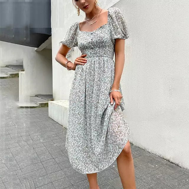 Puff Sleeve Square Neck Flower Print Women Dress Summer 2021 Casual High Waist A-line Long Dress Elegant Female Vestidos