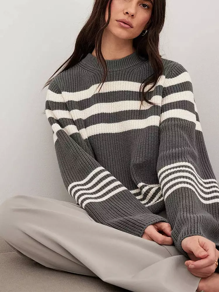 Ribbed Knitted Striped O-neck Sweaters Oversized Loose Long Wide Sleeve Pullover 2023 Women Autumn Casual Office Knitwear