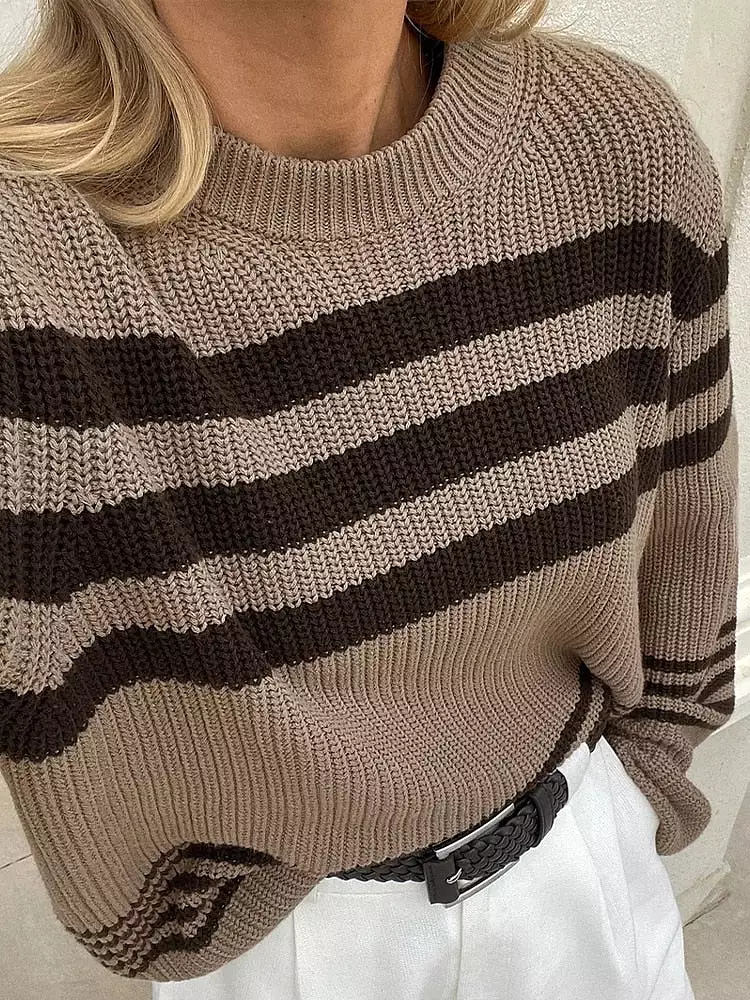 Ribbed Knitted Striped O-neck Sweaters Oversized Loose Long Wide Sleeve Pullover 2023 Women Autumn Casual Office Knitwear