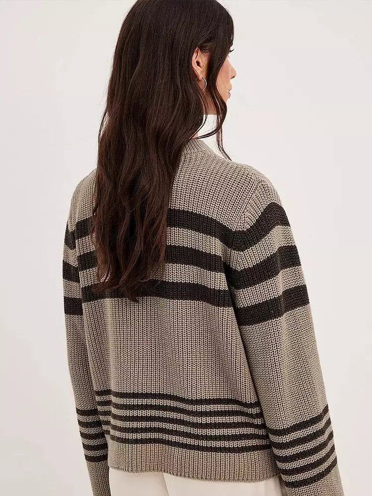 Ribbed Knitted Striped O-neck Sweaters Oversized Loose Long Wide Sleeve Pullover 2023 Women Autumn Casual Office Knitwear