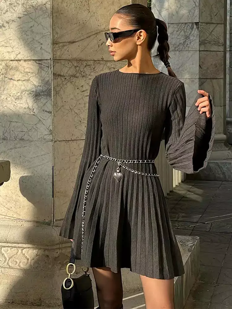 Ribbed Pleated Midi Fashion Knit Dress Women Autumn Long Sleeve High Waist O Neck Dresses