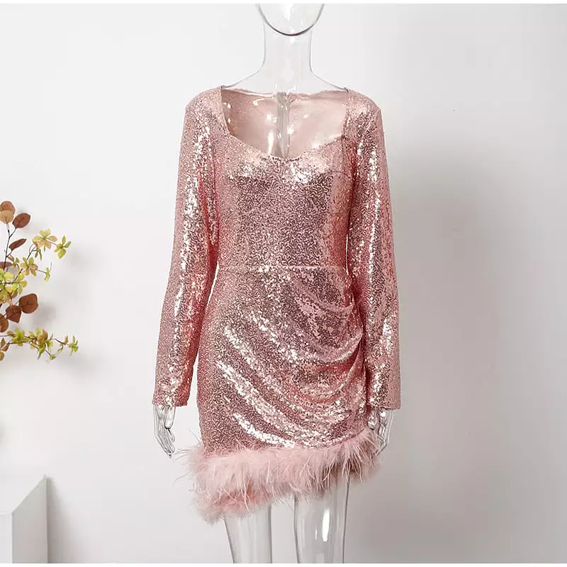 Sexy Feather Sequin Women Party Dresses 2022 Fall Blue Long Sleeve Square Collar Mini Dress Female Elegant Club Evening Vestido