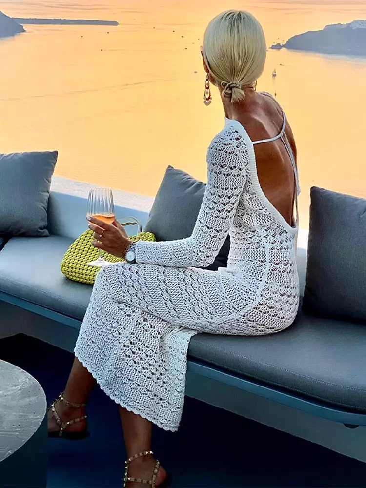 Sexy Hollow Out Backless Knitted Dress Fashion Women Long Sleeve Lace Up Mix Dresses 2023 Female Elegant Beach Holiday Robes