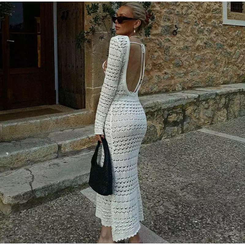 Sexy Hollow Out Backless Knitted Dress Fashion Women Long Sleeve Lace Up Mix Dresses 2023 Female Elegant Beach Holiday Robes