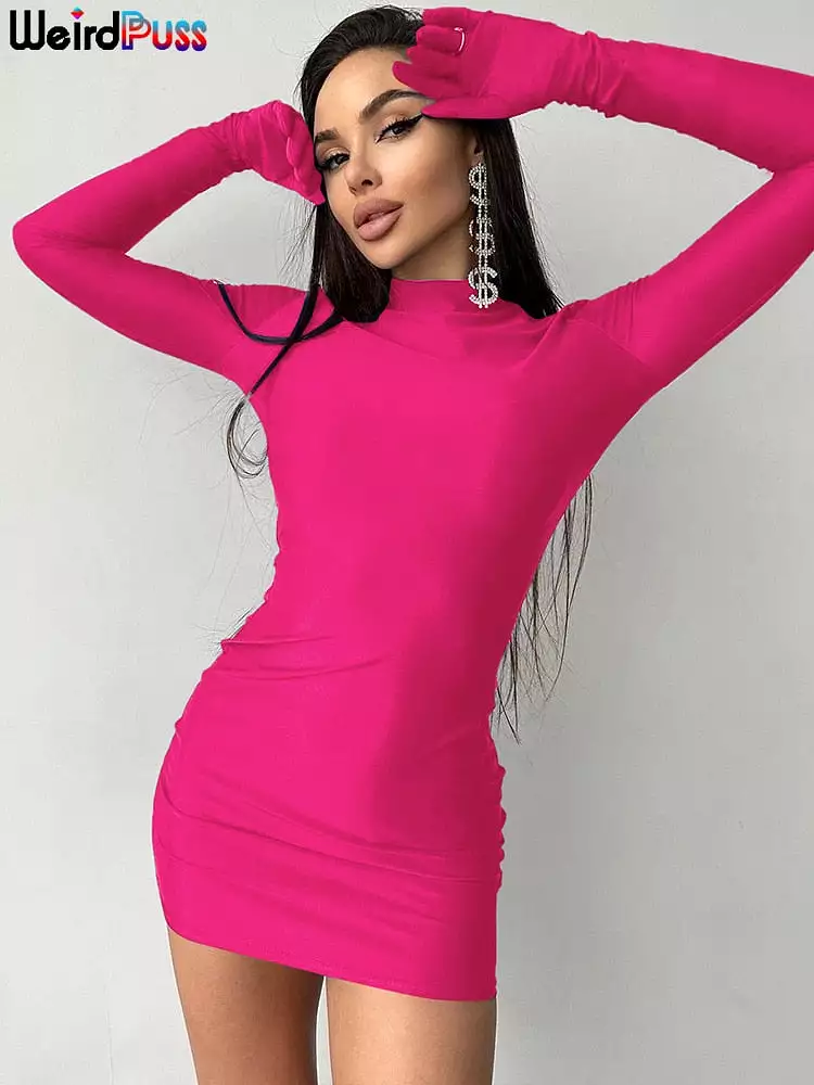 Sexy Women Hip Dress Long Sleeve Gloves Round Neck Skinny Stretchy Bodycon 2023 Autumn Rave Party Clubwear