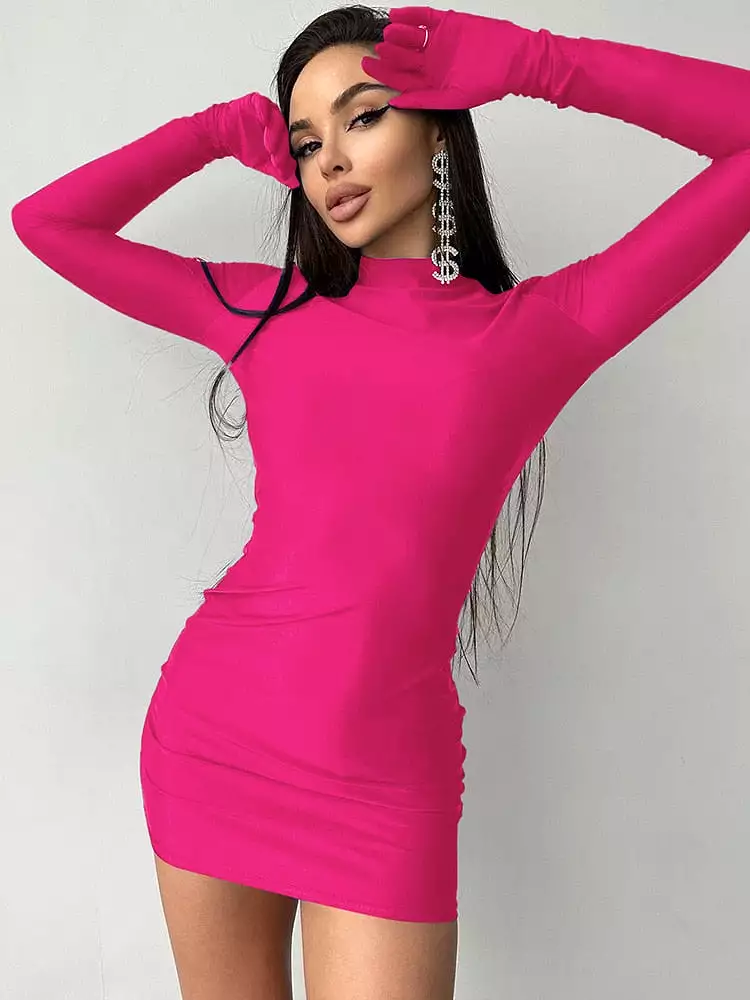 Sexy Women Hip Dress Long Sleeve Gloves Round Neck Skinny Stretchy Bodycon 2023 Autumn Rave Party Clubwear